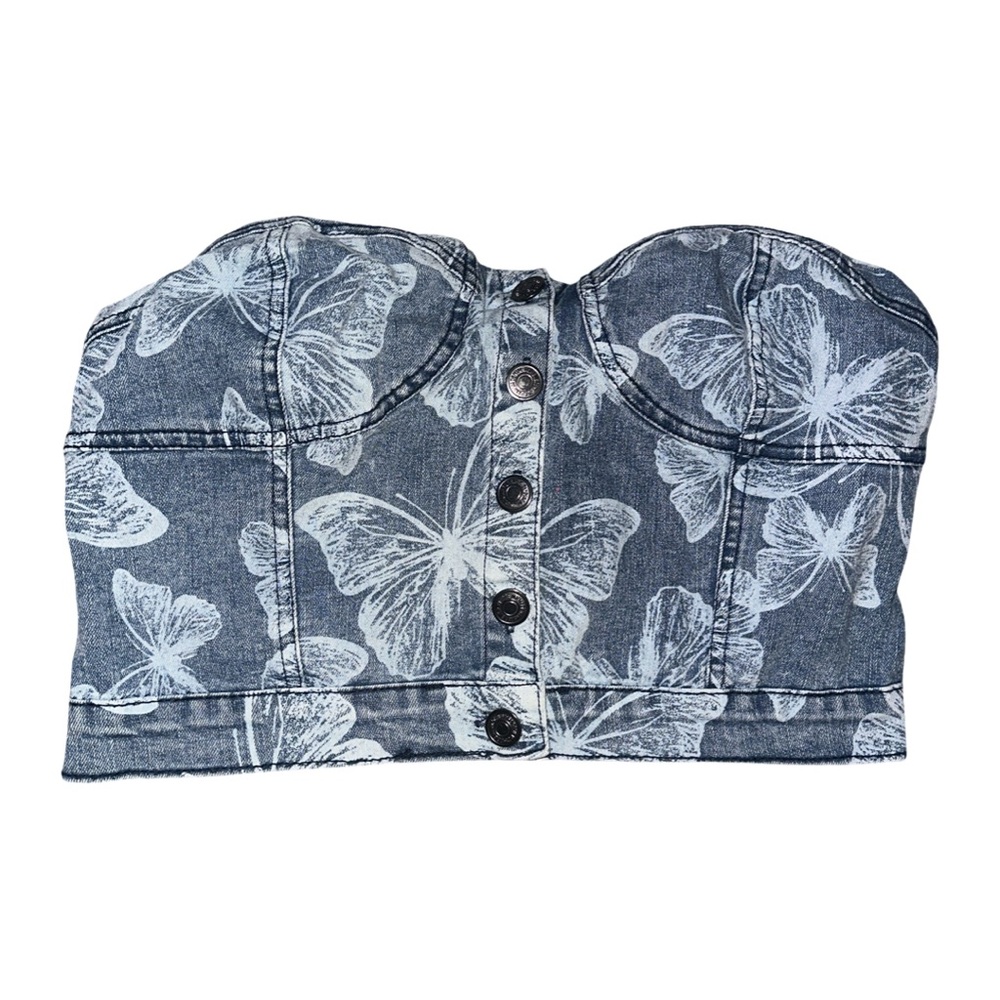 Forever 21 Blue Denim Butterfly Bustier Crop Top